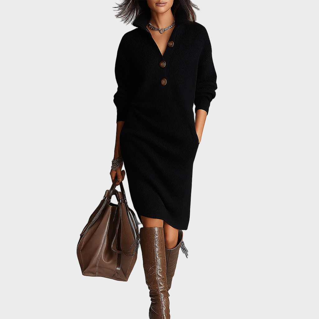 Elena – Pletena Haljina s Ovratnikom i Gumbima