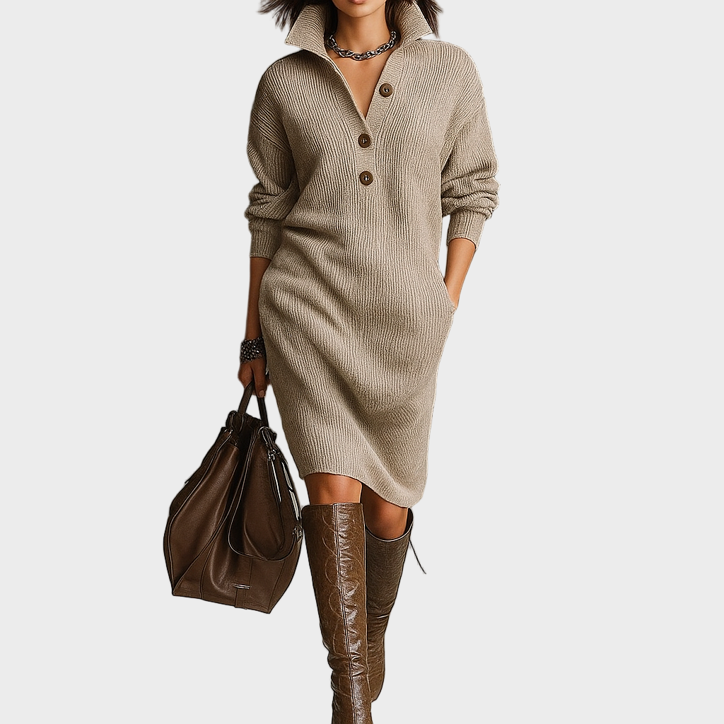 Elena – Pletena Haljina s Ovratnikom i Gumbima